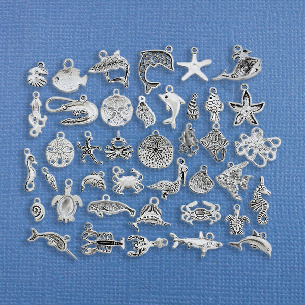 Deluxe Marine Charm Collection Antique Silver Tone 40 Different Charms - COL254