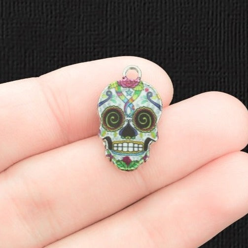 4 Floral Skull Silver Tone Enamel Charms - E1091