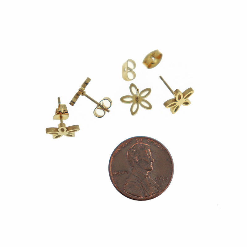 Gold Stainless Steel Earrings - Flower Studs - 10mm - 2 Pieces 1 Pair - ER438