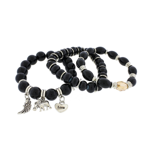 Pile de bracelets ronds en perles de verre - 81 mm - Noir avec breloques pendantes - 1 ensemble de 3 bracelets - BB162