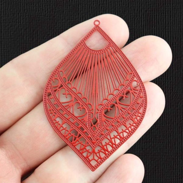 2 Filigree Teardrop Red Enamel Charms - E1421