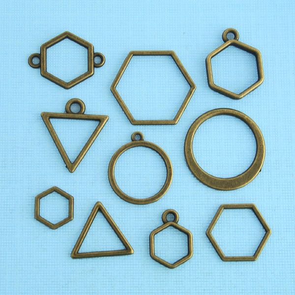 Geometric Charm Collection Antique Bronze Tone 10 Different Charms - COL164H