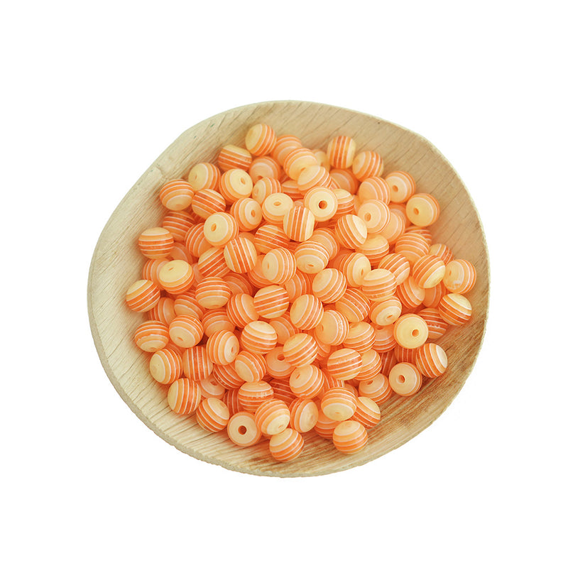 Perles rondes en résine 8mm - Rayure orange saumon - 100 perles - BD397