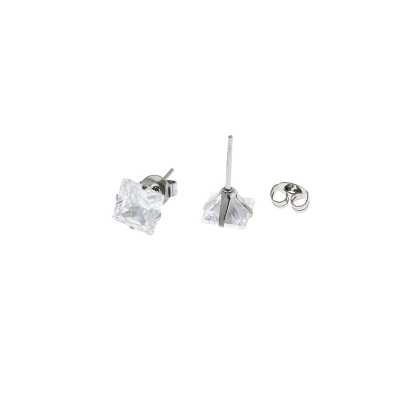 Stainless Steel Earrings - Cubic Zirconia Studs - 7mm x 14mm - 2 Pieces 1 Pair - ER203