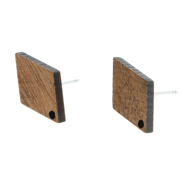 Wood Stainless Steel Earrings - Diamond Studs - 18mm x 12mm - 2 Pieces 1 Pair - ER022