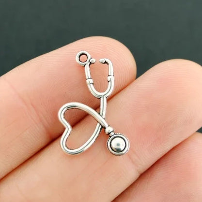 BULK 25 Stethoscope Antique Silver Tone Charms 2 Sided - SC1215