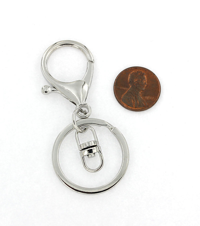Silver Tone Key Rings with Lobster Clasp and Attached Swivel Clasp - 68mm x 30mm - 5 Pieces - FD064