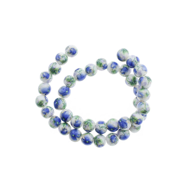 Perles Rondes en Céramique 8mm - Floral Bleu - 1 Rang 40 Perles - BD245