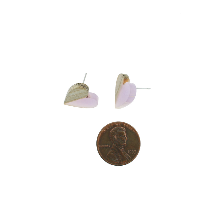 Wood Stainless Steel Earrings - Purple Resin Heart Studs - 15mm x 14mm - 2 Pieces 1 Pair - ER125