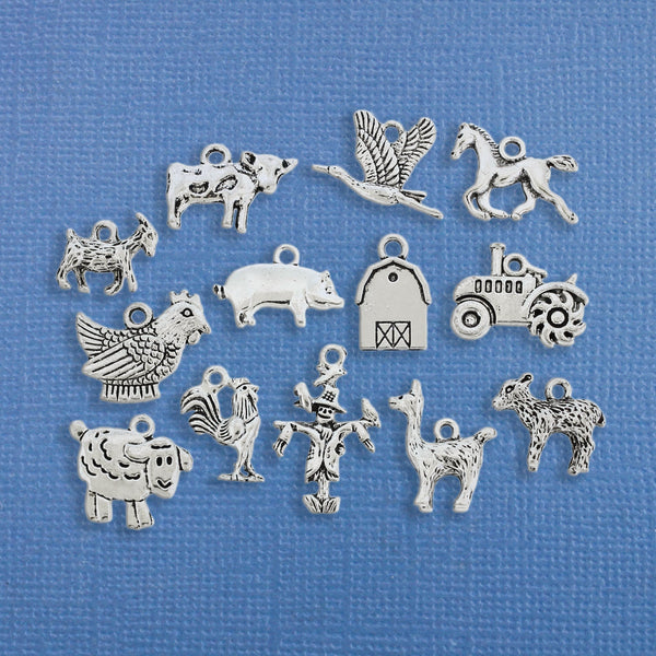 Barnyard Charm Collection Antique Silver Tone 13 Different Charms - COL187