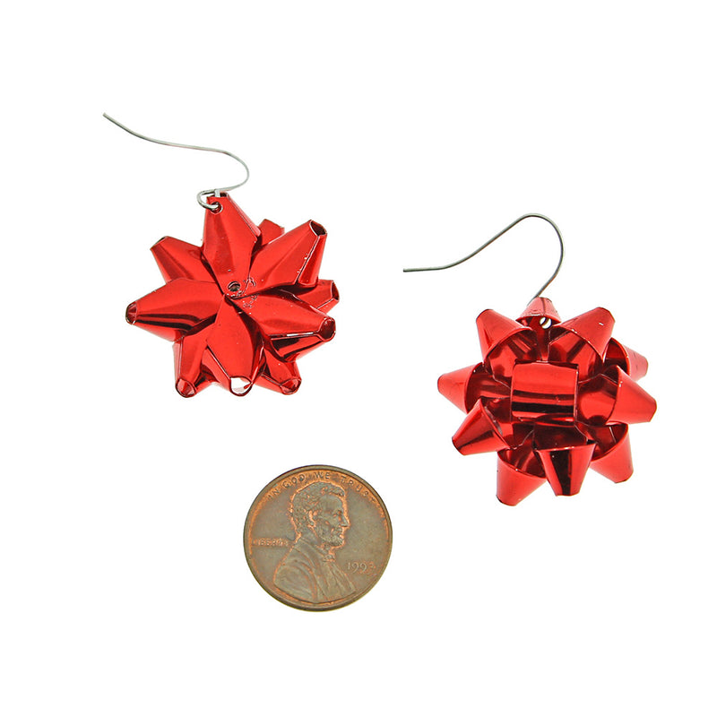 Red Christmas Bow Earrings - Silver Tone French Hook - 2 Pieces 1 Pair - Z1622
