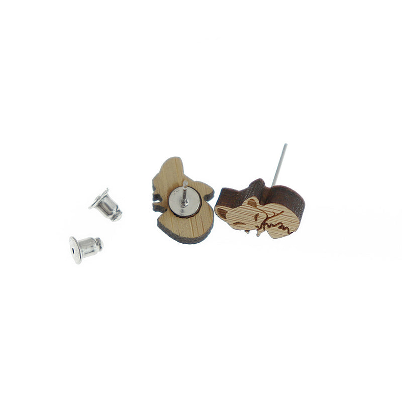 Wood Stainless Steel Earrings - Fox Studs - 13mm x 10mm - 2 Pieces 1 Pair - ER452