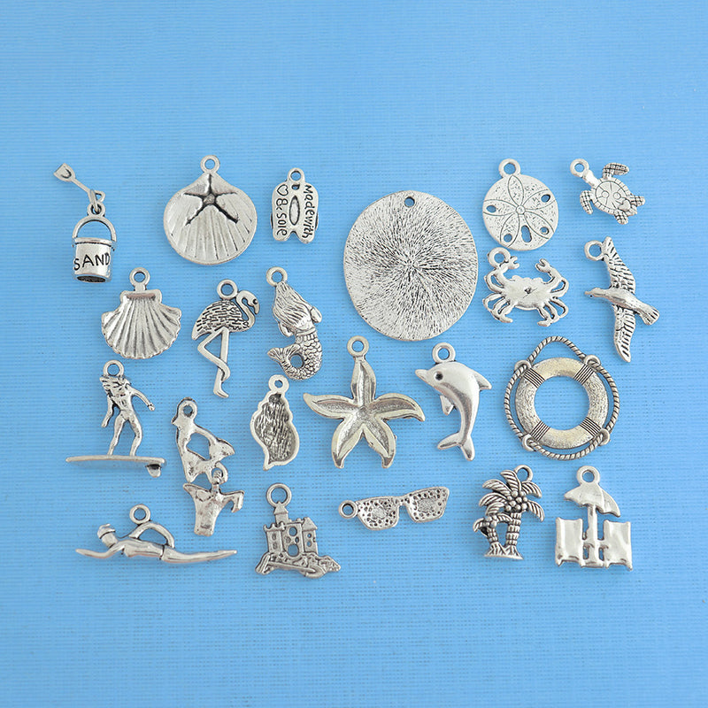 Deluxe Beach Charm Collection Antique Silver Tone 22 Charms - COL260