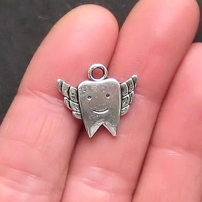 6 Tooth Fairy Antique Silver Tone Charms 2 faces - SC857
