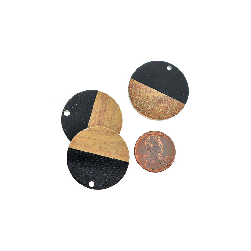 2 Round Natural Wood and Black Resin Charms 28mm - WP066