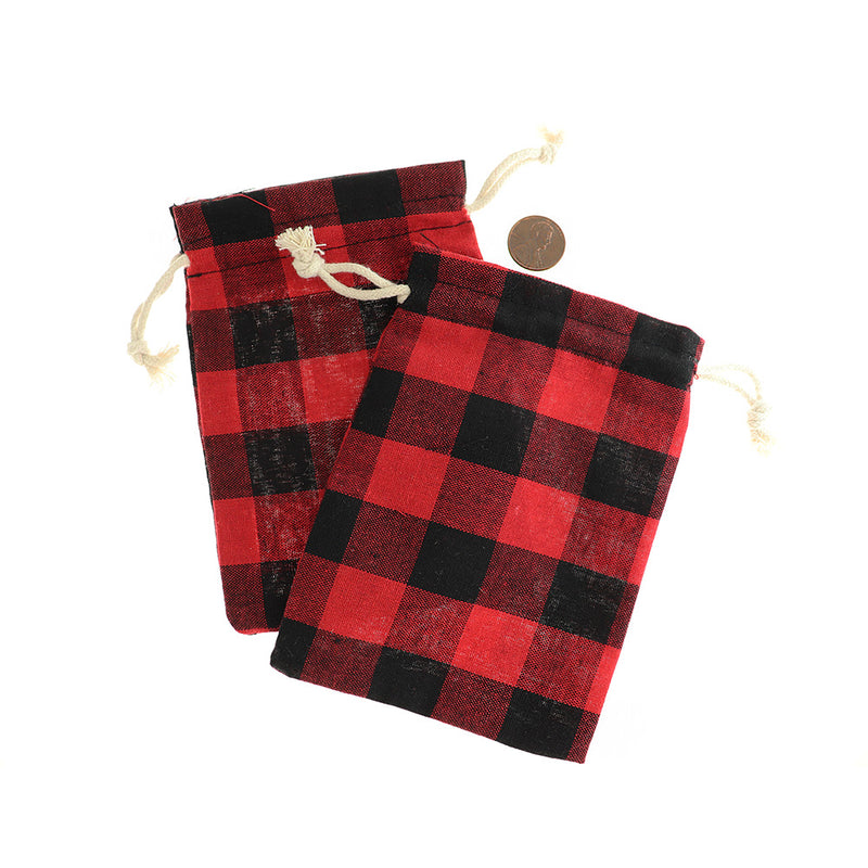 4 Red Plaid Cotton Drawstring Bags 14cm x 10cm - TL261
