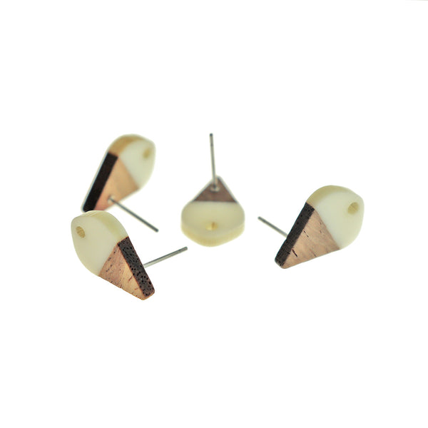 Wood Stainless Steel Earrings - White Resin Teardrop Studs - 17.5mm x 11mm - 2 Pieces 1 Pair - ER655