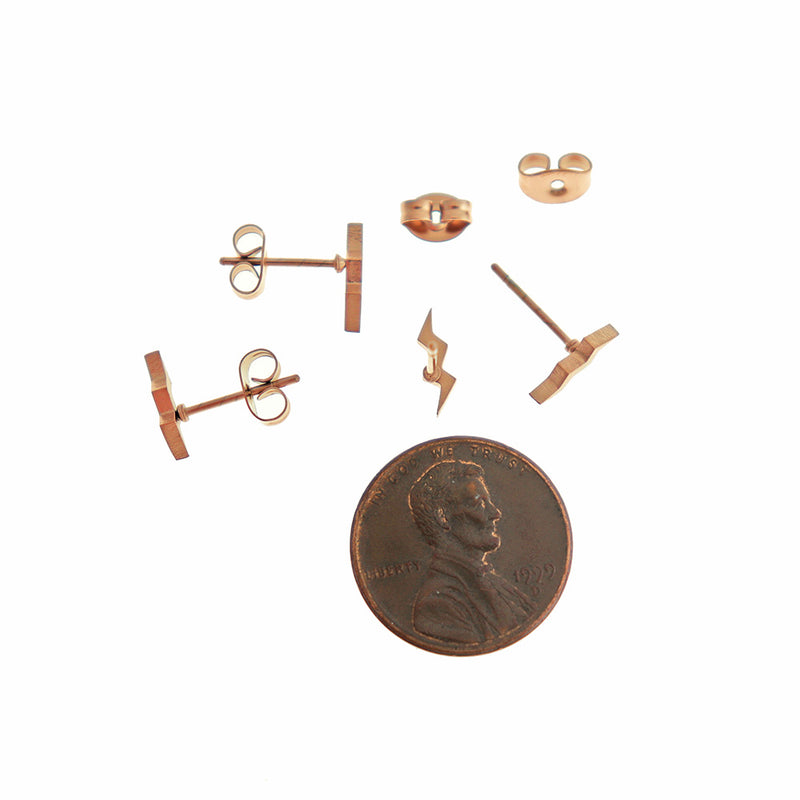 Rose Gold Tone Stainless Steel Earrings - Lightning Bolt Studs - 10mm x 3mm - 2 Pieces 1 Pair - ER879
