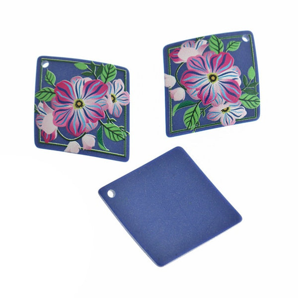 2 Floral Rhombus Acrylic Charms - K588