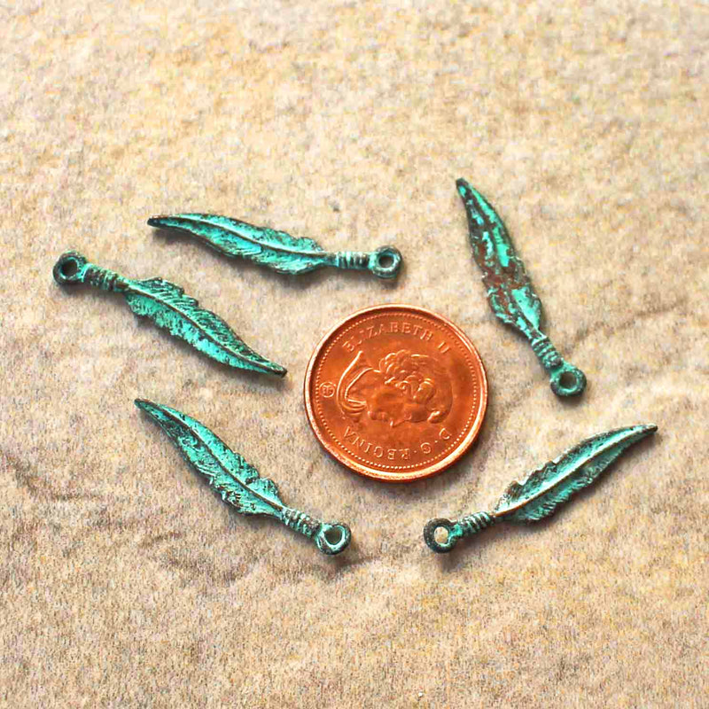 4 Feather Antique Copper Tone Mykonos Charms with Green Patina - BC1563