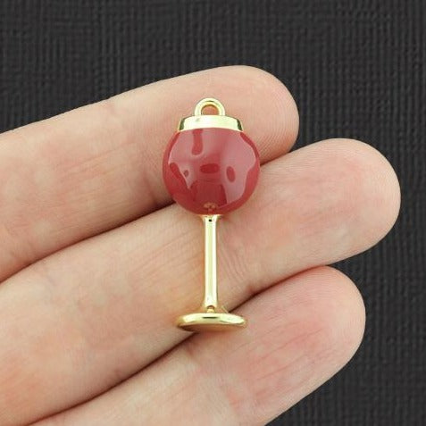 2 Wine Glass Gold Tone Enamel Charms - E086