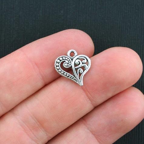BULK 50 Heart Antique Silver Tone Charms 2 Sided - SC3487
