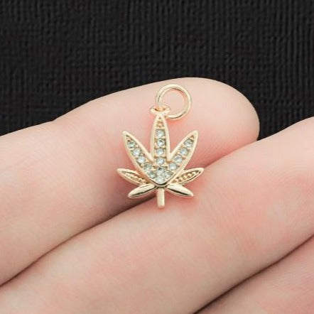 Weed Leaf Rose Gold Tone Brass Charm with Micro Pave Cubic Zirconia - BR153