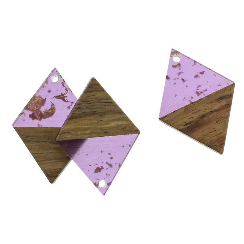 2 Rhombus Natural Wood and Purple and Gold Resin Charms 34mm - WP218