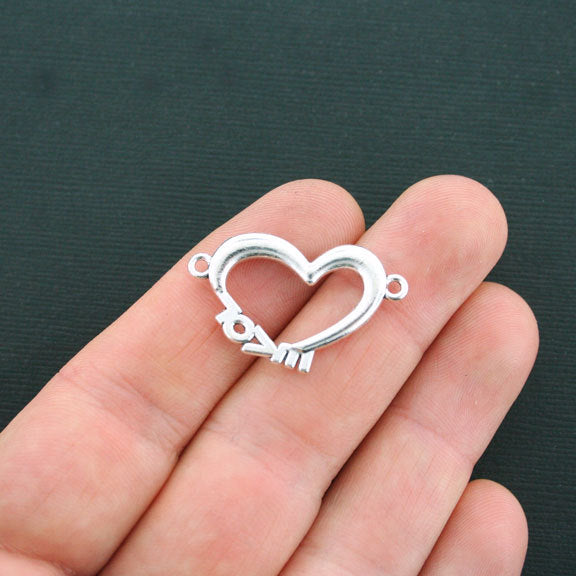 6 Heart Connector Antique Silver Tone Charms - SC405