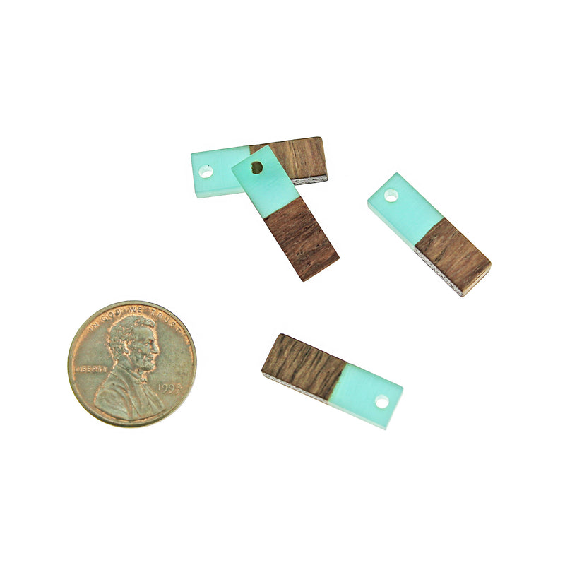 4 Rectangle Natural Wood and Turquoise Resin Charms 20mm - WP034