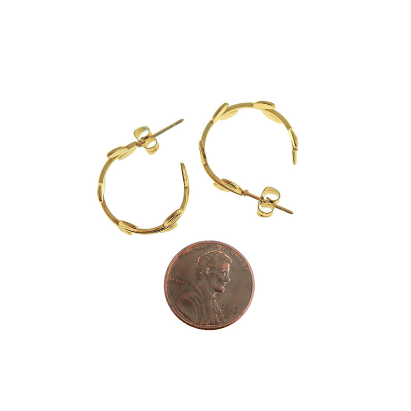 Gold Tone Stainless Steel Earrings - Vine Hoop Studs - 22mm x 8mm - 2 Pieces 1 Pair - ER845