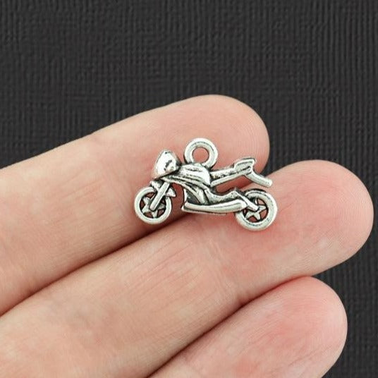8 Motorcycle Antique Silver Tone Charms 2 Sided - SC2904