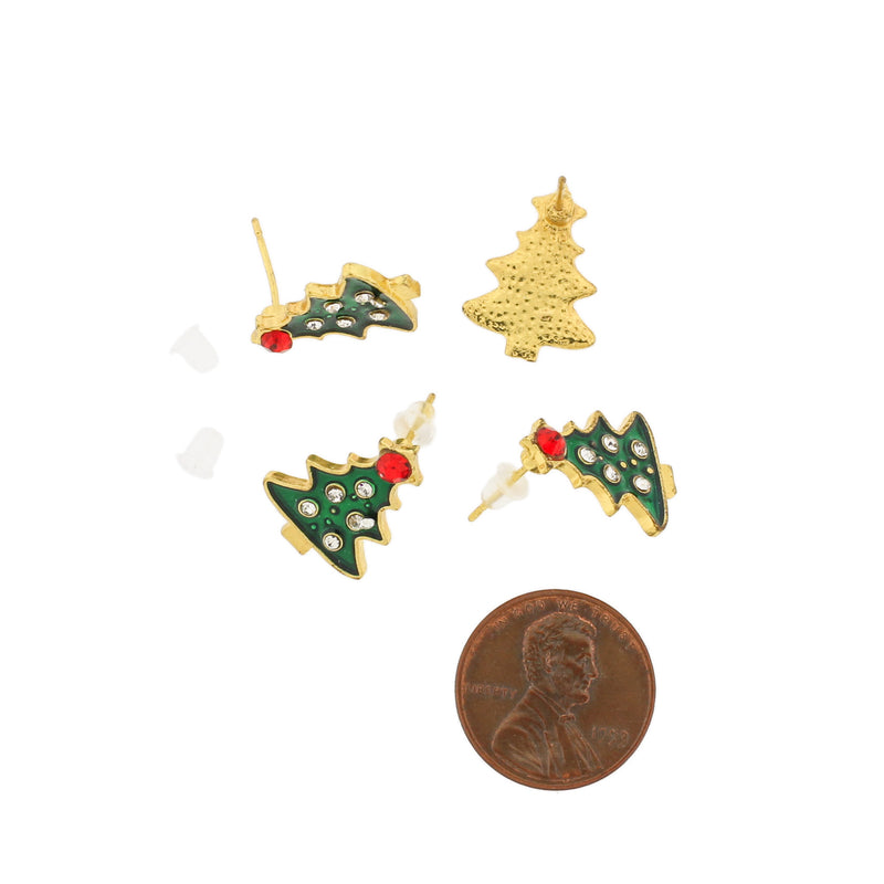 Gold Tone Stud Earrings - Enamel Christmas Tree With Inset Rhinestones - 18mm - 2 Pieces 1 Pair - ER514