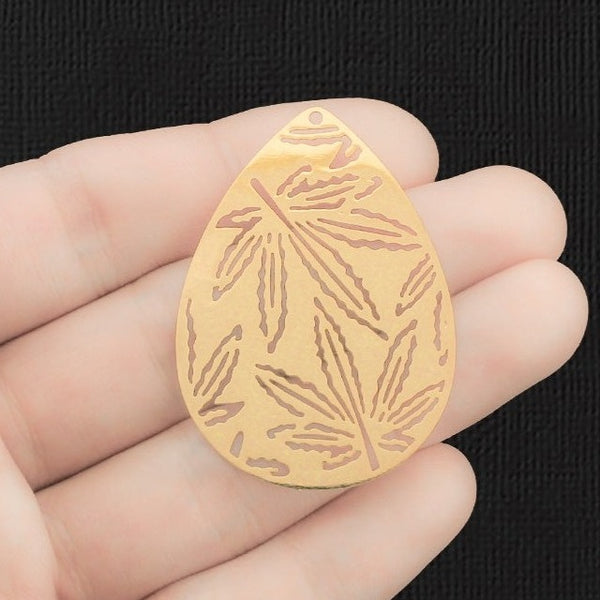 2 Weed Leaf Teardrop Gold Plated Brass Charms 2 Sided - BR020