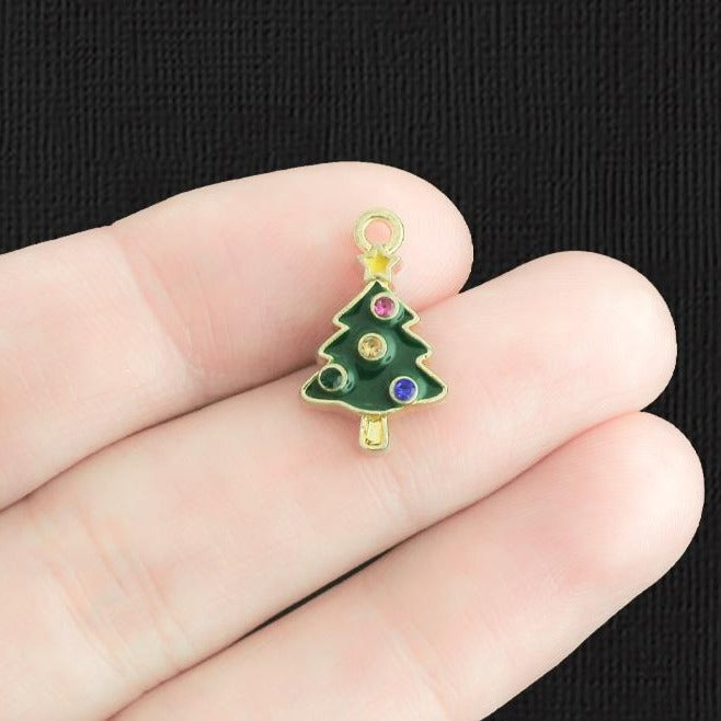 4 Christmas Tree Gold Tone Enamel Charms With Inset Rhinestones - E1160