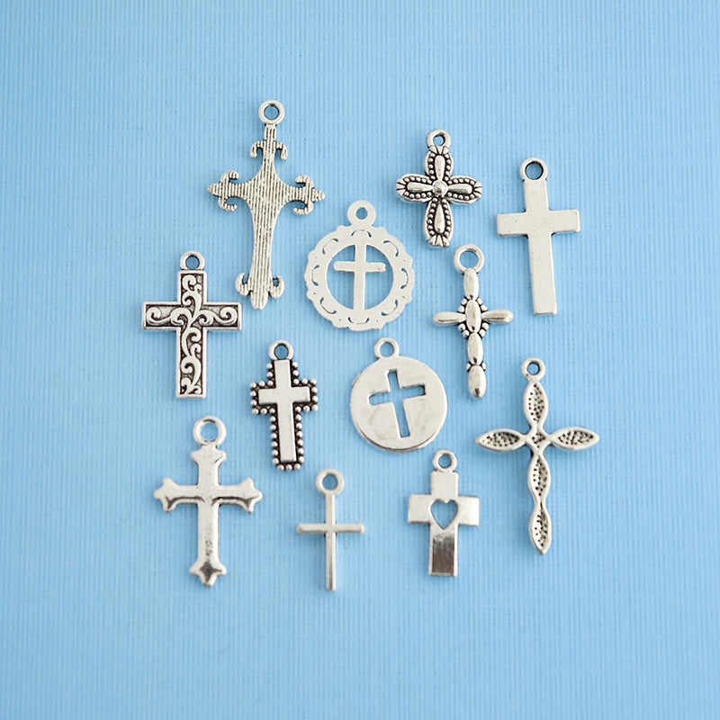Cross Charm Collection Antique Silver Tone 12 Different Charms - COL018