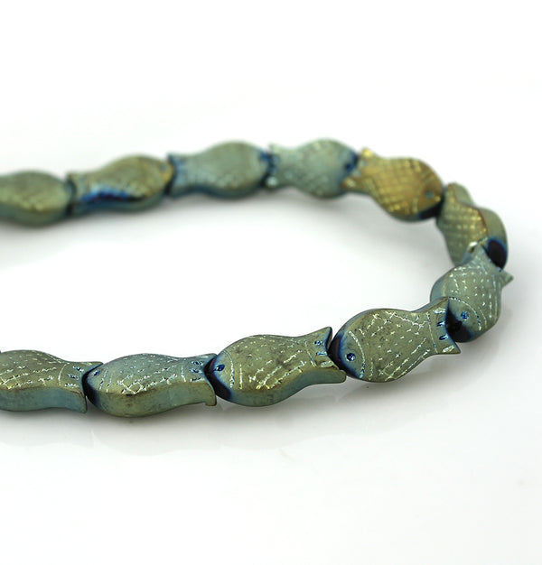 Perles de Verre Poisson 15mm x 8mm x 5mm - Vert Galvanisé - 10 Perles - BD1029