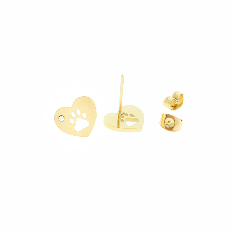 Gold Stainless Steel Earrings - Rhinestone Heart Paw Print Studs - 12mm x 10mm - 2 Pieces 1 Pair - ER018