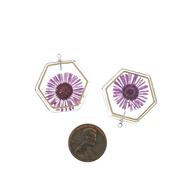 2 Purple Dried Flower Silver Tone and Resin Charms - K423