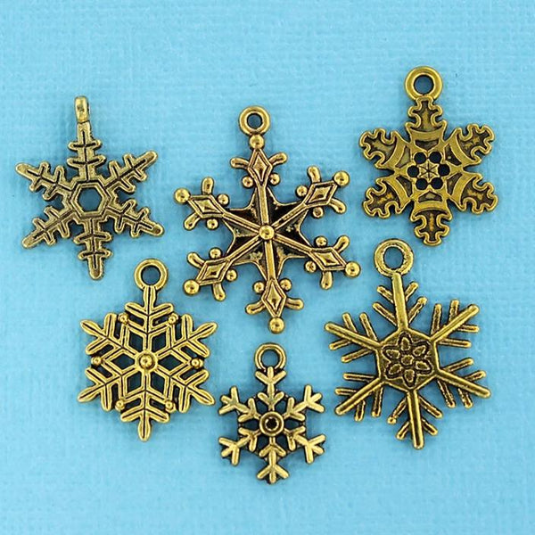 Snowflake Charm Collection Antique Gold Tone 6 Different Charms - COL132H