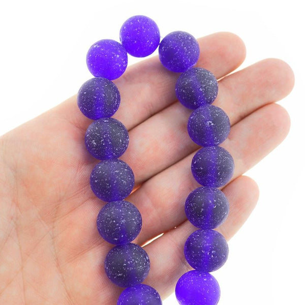 Round Cultured Sea Glass Beads 14mm - Frosted Royal Blue - 1 Strand 15 Beads - U216