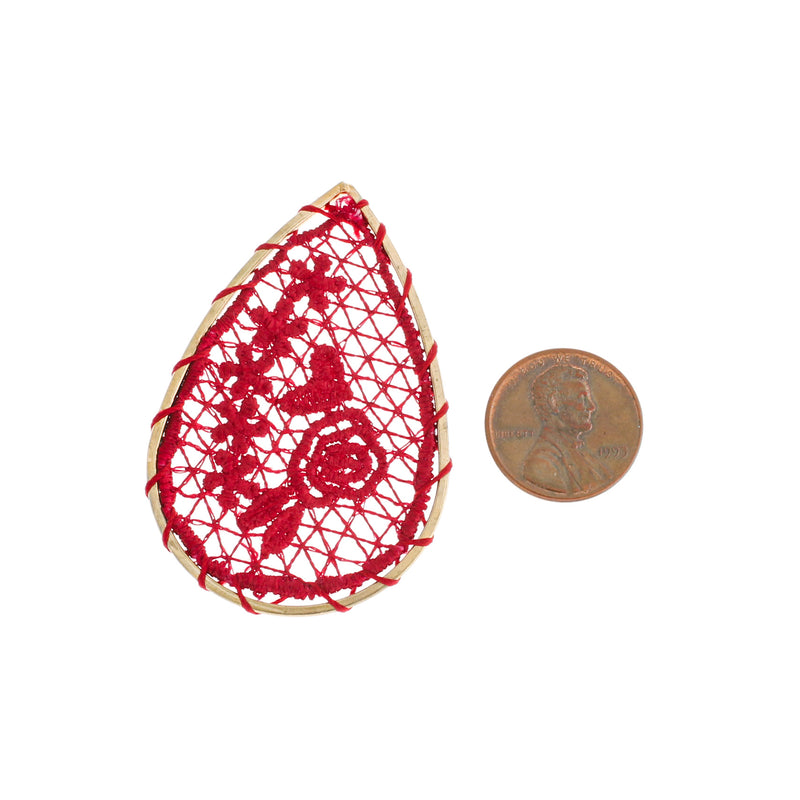 2 pendentifs en forme de larme de rose tissé rouge rubis - TSP298