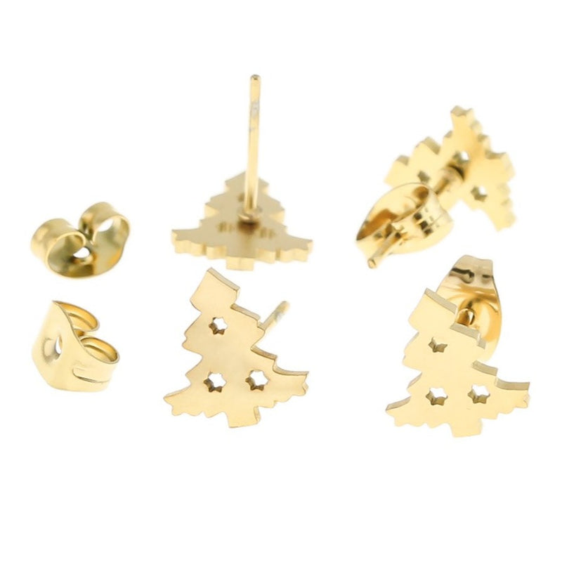 Gold Stainless Steel Earrings - Christmas Tree Studs - 10mm x 9mm - 2 Pieces 1 Pair - ER396