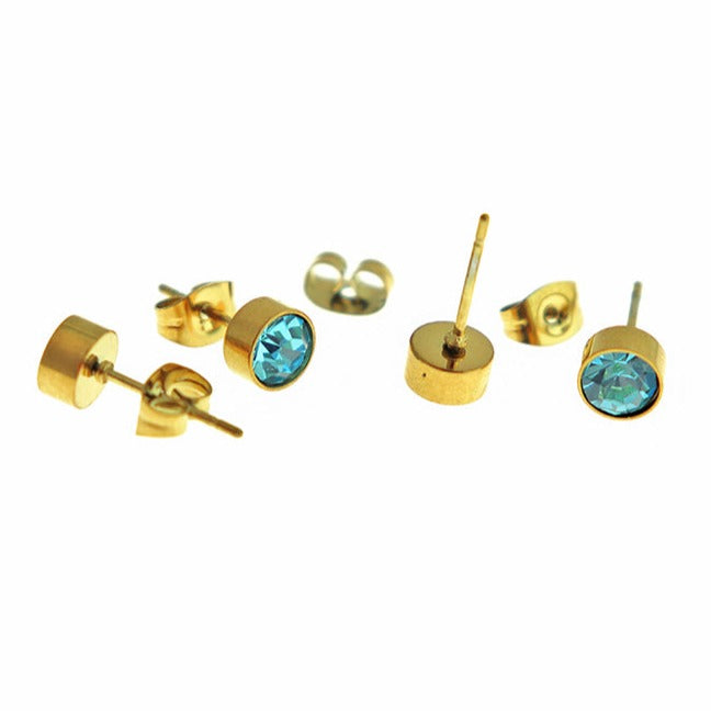 Gold Stainless Steel Birthstone Earrings - March - Aquamarine Cubic Zirconia Studs - 15mm x 7mm - 2 Pieces 1 Pair - ER548