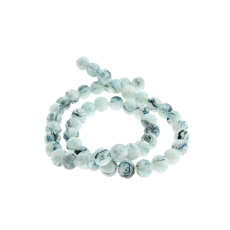 Perles de Verre Rondes 8mm - Marbre Bleu et Noir - 1 Rang 48Perles - BD1569
