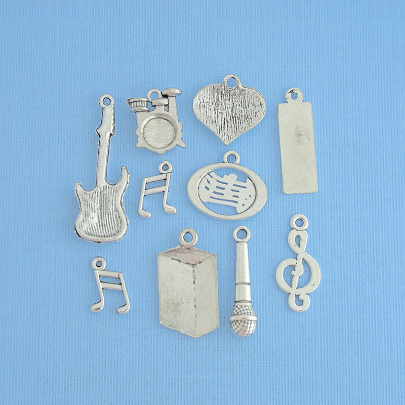 Rock and Roll Charm Collection Antique Silver Tone 10 Different Charms - COL104