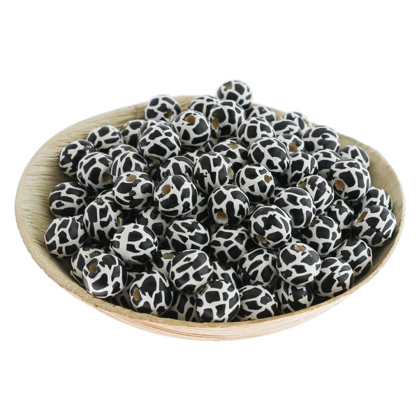 Round Wood Beads 10mm - Cow Print - 10 Beads - BD715