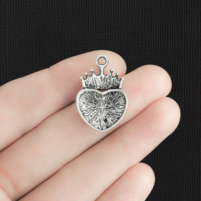 4 Crown Heart Antique Silver Tone Charms - SC290