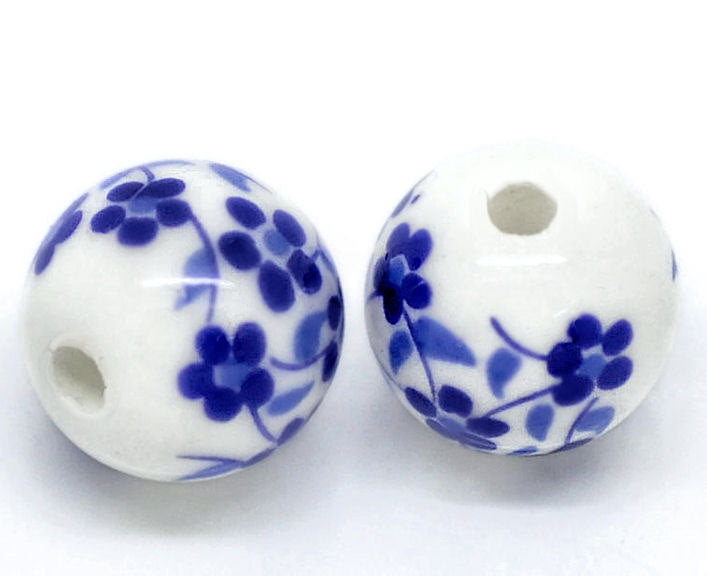 Round Ceramic Beads 12mm - Blue and White Floral - 10 Beads - BD131