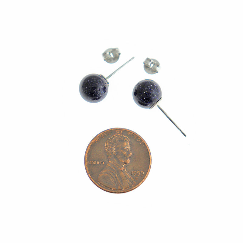 Silver Tone Brass Earrings - Imitation Blue Goldstone Gemstone Ball Studs - 8mm - 2 Pieces 1 Pair - ER570